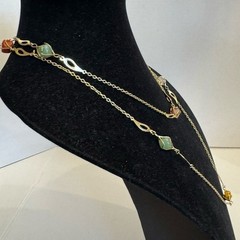 Vintage Gold Tone Wire Caged Gemstone Station Necklace 50″ Long MCM Jewelry