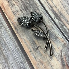 Gunmetal rhinestone faux pearl tulip flower brooch