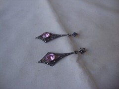 VINTAGE ARROW TEARDROP PINK TOPAZ W/ MARCASITE SILVER 925 DANGLE STUD EARRINGS