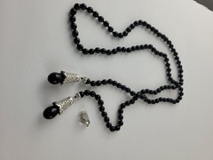 Black Glass Bead Rhinestone Tassel Lariat Necklace +Enhancer Signed Replica 44″