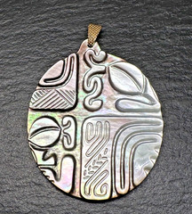 SMOKEY MOTHER OF PEARL OVAL CARVED 2.5″ PENDANT I577