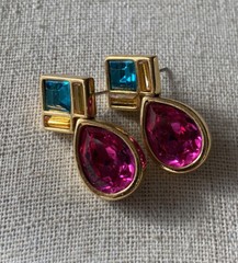 Signed Vintafe Gold Tone Pink and Green Swarovski Crystal Earrings!