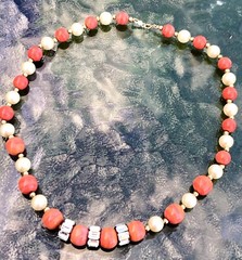 Estate 14K Gold Bead, Coral Glass, And Glass Pearl Beaded Necklace