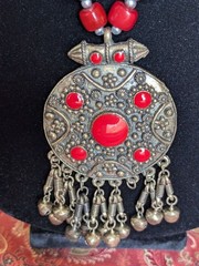 Antique Red Stone Silver-tone Yemeni Warrior Necklace Brass Finish History Art