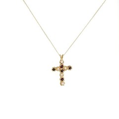 14K Solid Gold Large Ornate Garnet Pearl Christian Cross Necklace, 1.5 Inches