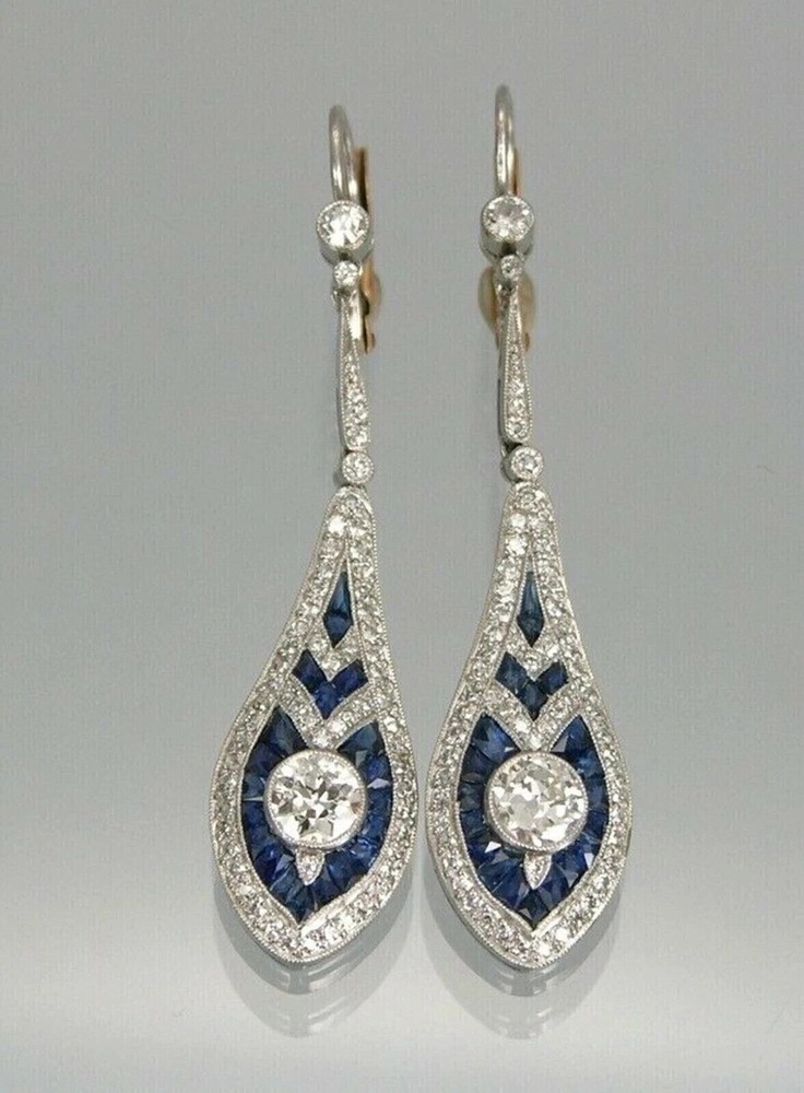 Art Deco Teardrop Earrings Lab Created Sapphire Diamond Milgrain Silver Dangle