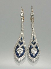 Art Deco Teardrop Earrings Lab Created Sapphire Diamond Milgrain Silver Dangle
