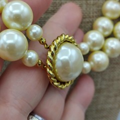 CAROL LEE Faux Chunky Pearl Double Strand Choker Necklace Pendant Gold Toned 30″