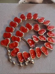Vintage red celluloid stylized leaf abstract necklace, 16″, articulated