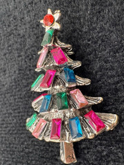 Rhinestone Christmas Tree Brooch Pink Green Blue Retro Holiday Pin