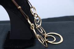 Long Gold Tone Circle Link Necklace Hammered Rings Brown Cord
