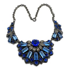 1930s Czech Blue Glass Rhinestone Pot Metal Floral Bib Necklace