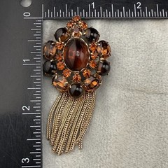 Vintage Weiss Brooch Clip On Earrings Set Tassel Rhinestones Gold Tone Brown