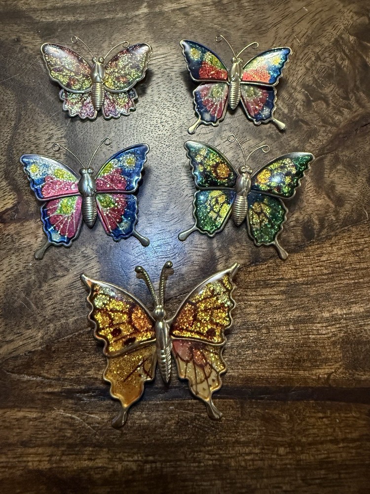 Set of 5 Vintage Gold Tone Multicolor Glitter Butterfly Pins Circa 1970s-1980s