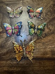 Set of 5 Vintage Gold Tone Multicolor Glitter Butterfly Pins Circa 1970s-1980s