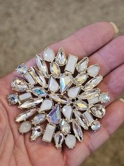 Vintage Brooch Sparkling Crystals AB Clear Milky White Gold Tone