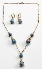 Vintage Gold Tone Blue Cloisonne Beaded Pendant Y-Drop Necklace & Earrings Set
