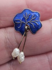 Vintage Water Lily Leaf Blue Enamel Dangle Pearl Sterling Silver Stud Earrings
