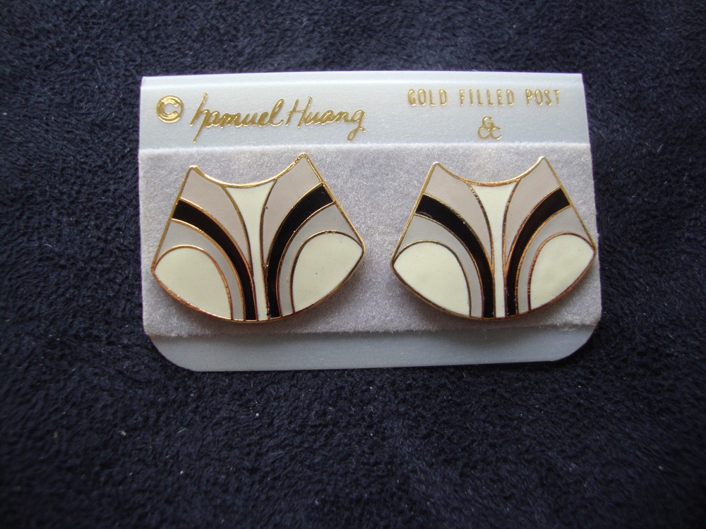 VINTAGE SAMUEL HUANG CLOISONNE EARRINGS WHITE GRAY BLACK ENAMEL GOLD FILLED POST