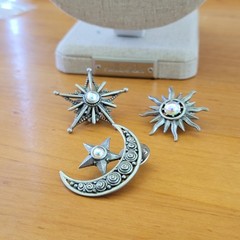 Vintage JJ Pewter Sun Moon Star Brooch Pin Lot 3pc Celestial Whimsigoth