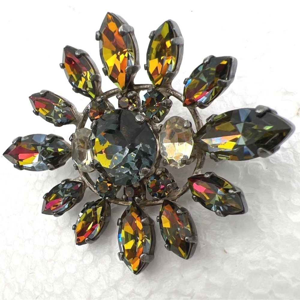 Vintage Watermelon Rhinestone Brooch Pin Faceted Sunburst Silver Tone