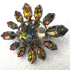 Vintage Watermelon Rhinestone Brooch Pin Faceted Sunburst Silver Tone