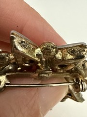 Vintage Opaline Glass & Rhinestone Spiked Circle Brooch Gold Tone Mid Century