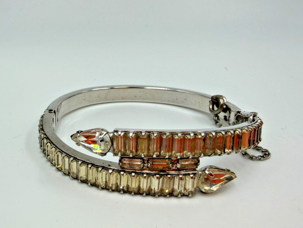 Vintage Bracelet Bypass Rhinestone Baguette Clear Silvertone Hinged 6.5 in