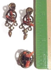 Antique Victorian Lot GF Pierced Branch Coral Dangle Drop Earrings & Shirt Stud