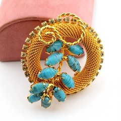 Hobe Rhinestone and Blue Art Glass Cabochon Gold Mesh Brooch Vintage