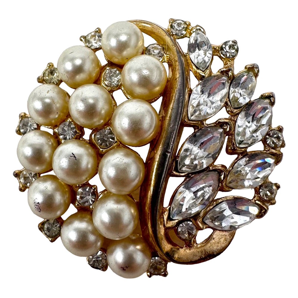 Vtg Gold Tone Clear Rhinestone Faux Pearl Circle Brooch Pin
