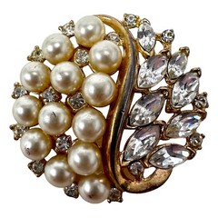 Vtg Gold Tone Clear Rhinestone Faux Pearl Circle Brooch Pin
