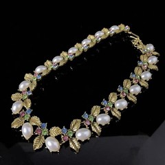 Vintage Floral Pearl Necklace Earrings Set French Estate Garden Jewelry Gold