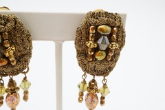 Vintage Clip On Earrings Gold Tone Glass Bead Mesh