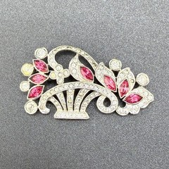 Vintage Pot Metal Flower Basket Rhinestone Brooch Silver Tone READ
