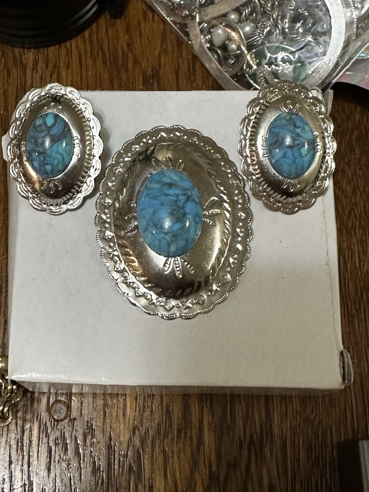 Vintage Turquoise Set Brooch & Earrings In Silver Plated Metal