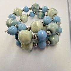 Beaded Memory Wire Bracelet Pastel Blue Pale Green Silver Beads Gift Box 1950s
