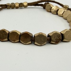 Boho Stackable Hexagon Brass Tone Bead Bracelet Adjustable Cord Earthy Gift Idea