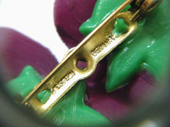 Vintage 50s W Germany Flower Brooch Purple Violets Pansy Carved Hard Plastic