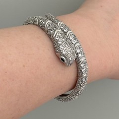 Snake Serpent Bracelet Clear CZ Green Eyed Silver Tone Sparkly Hinged Bangle