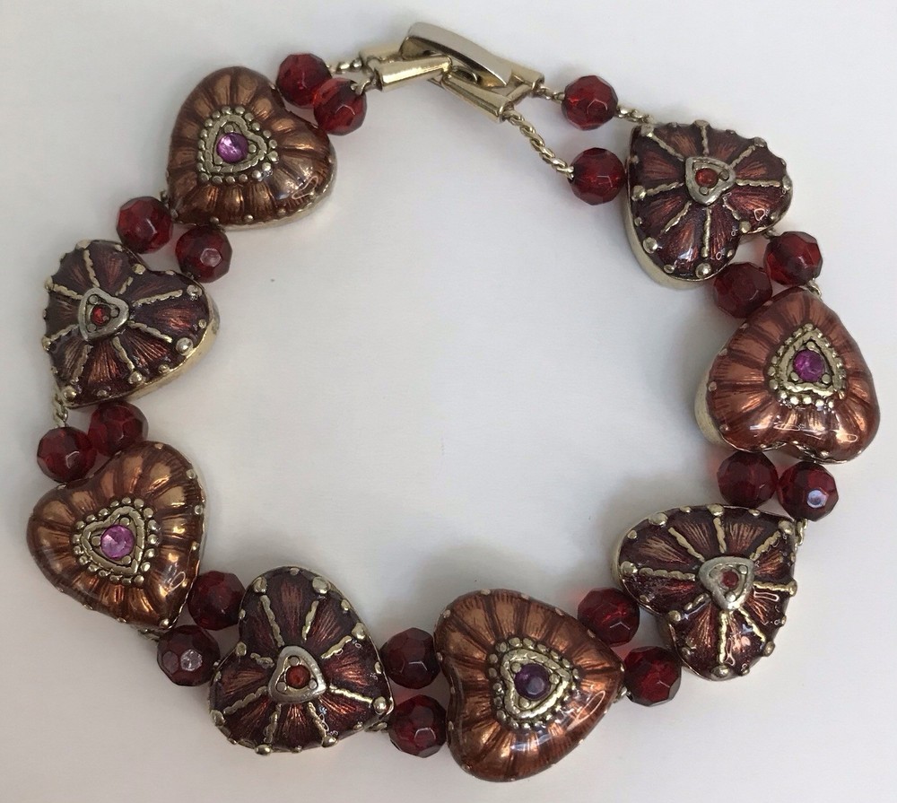 VIntage Monet Heart Bracelet Double Chain Strung Red Beads Bronze Hearts