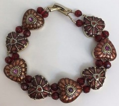 VIntage Monet Heart Bracelet Double Chain Strung Red Beads Bronze Hearts