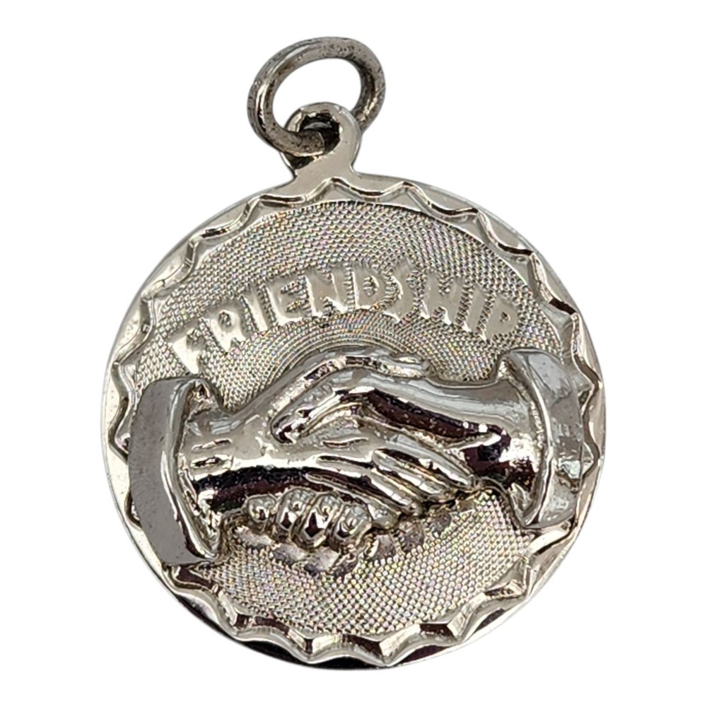 Sterling Silver Elco Friendship 3D Handshake Vintage Disc Charm Pendant 1.75″
