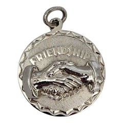 Sterling Silver Elco Friendship 3D Handshake Vintage Disc Charm Pendant 1.75″