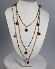 Vintage Open Bezel Red Crystal Flapper Necklace Gold Tone Metal 52″ Long