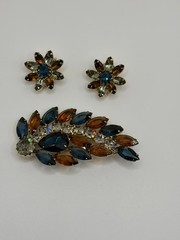 Vintage Weiss brooch and earrings set blue, topaz, and gray stones