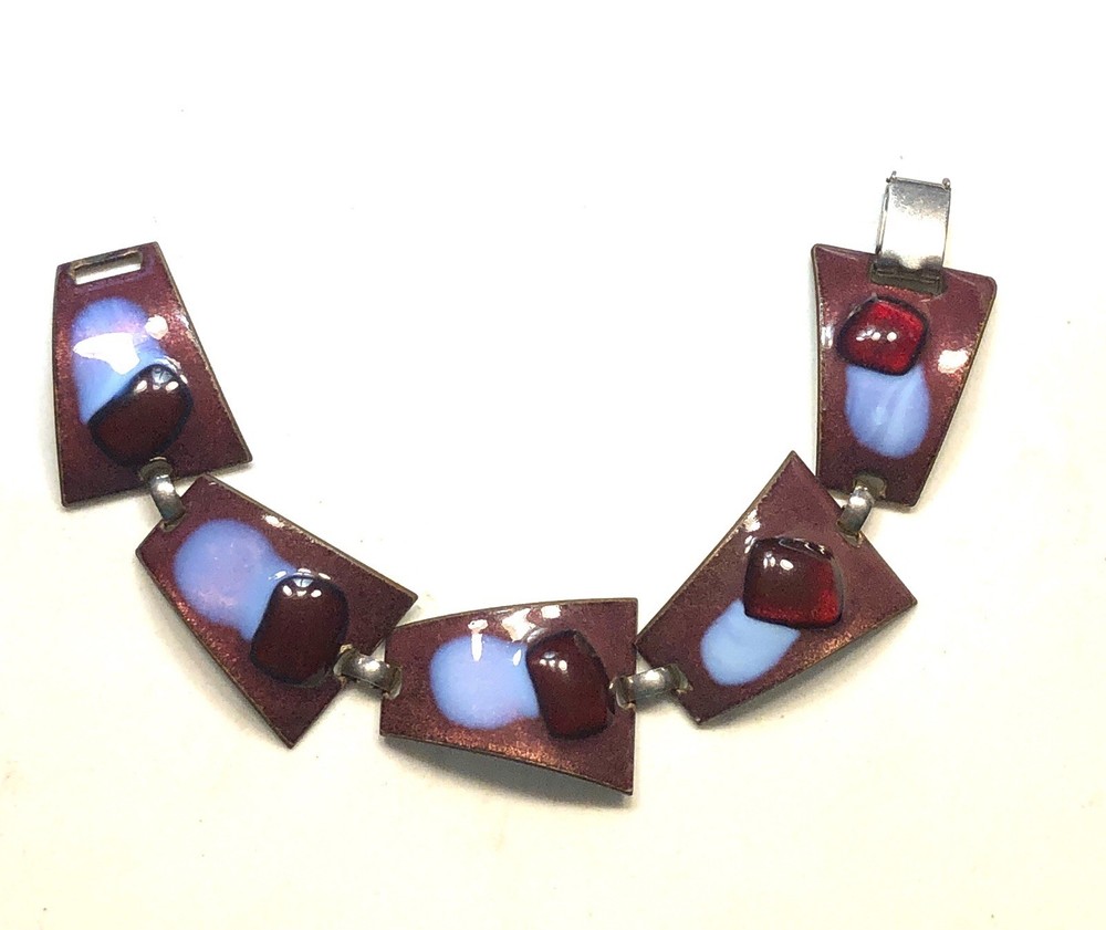 VTG ENAMEL/GLASS KAY DENNING COPPER BRACELET RUSSET/PERIWINKLE/RED 7.5″