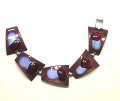 VTG ENAMEL/GLASS KAY DENNING COPPER BRACELET RUSSET/PERIWINKLE/RED 7.5″