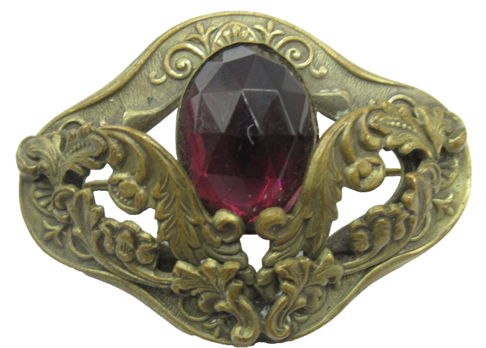 Art Nouveau or Deco Vintage Brass Brooch Pin Purple Glass Stone Old C-clasp