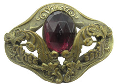 Art Nouveau or Deco Vintage Brass Brooch Pin Purple Glass Stone Old C-clasp